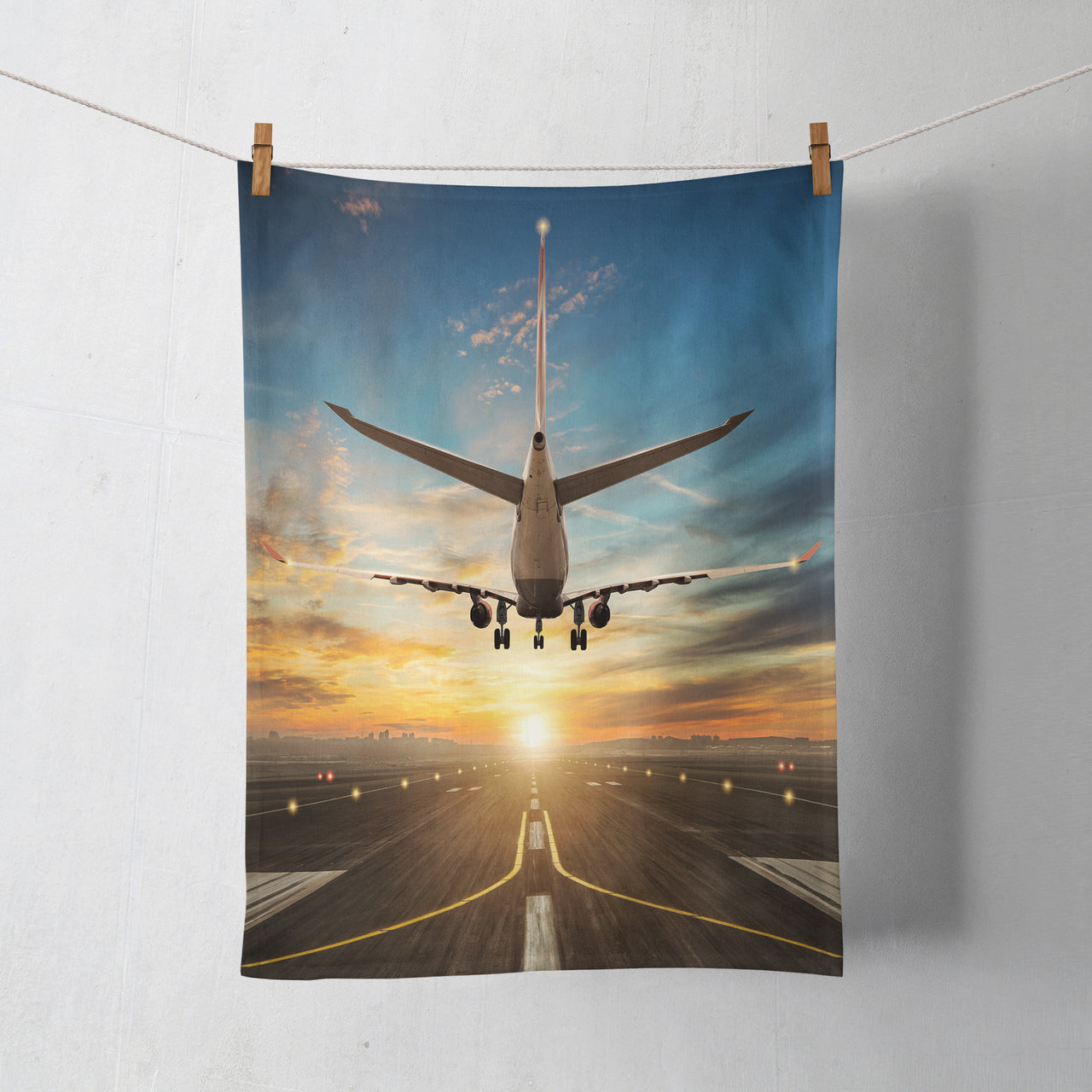 Airplane over Runway Towards the Sunrise Designed Towels