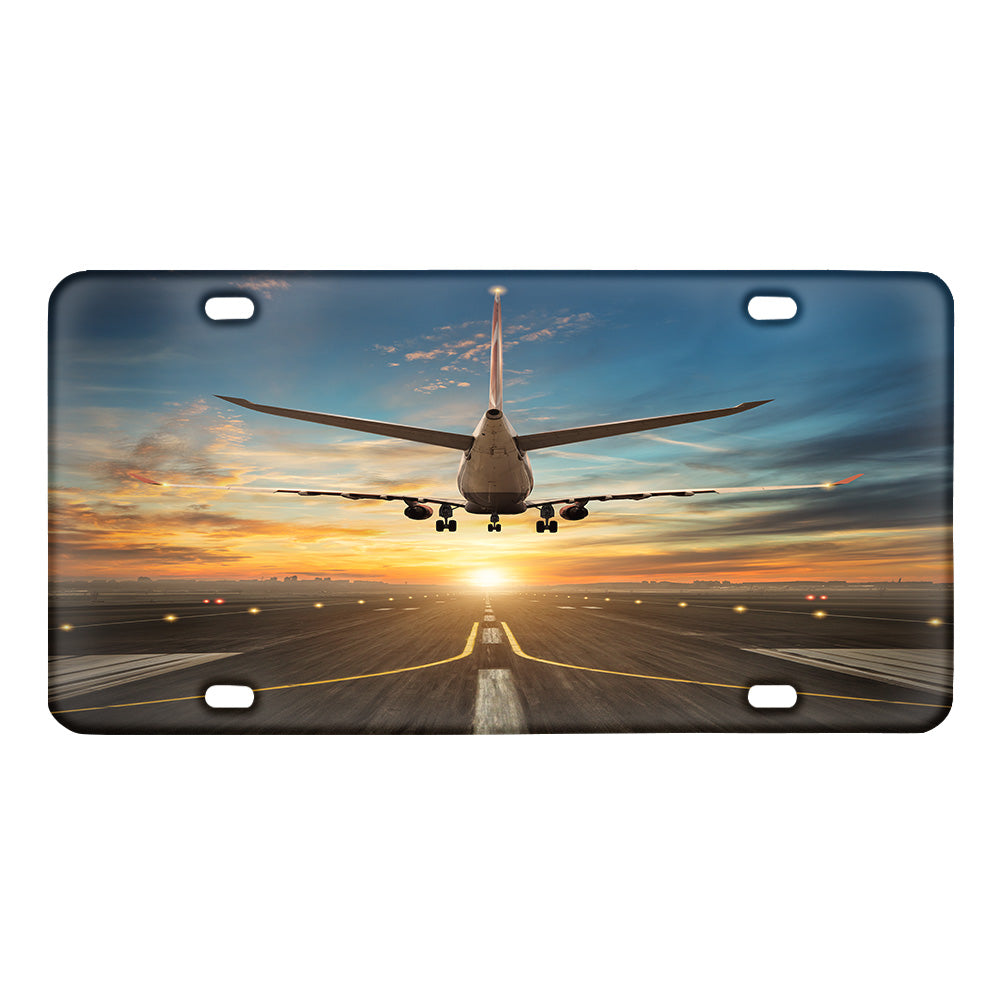 Airplane over Runway Towards the Sunrise Designed Metal (License) Plates