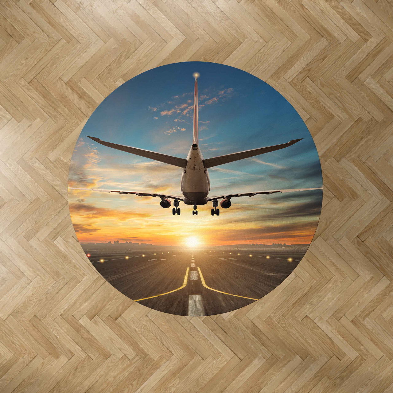 Airplane over Runway Towards the Sunrise Designed Carpet & Floor Mats (Round)