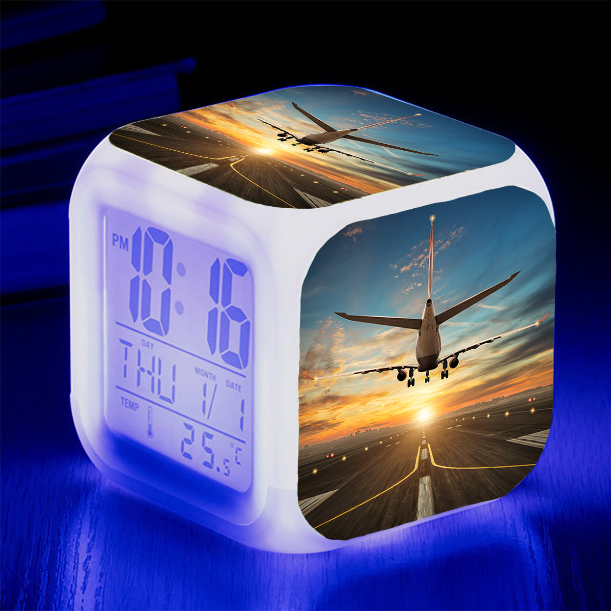 Airplane over Runway Towards the Sunrise Designed "7 Colour" Digital Alarm Clock