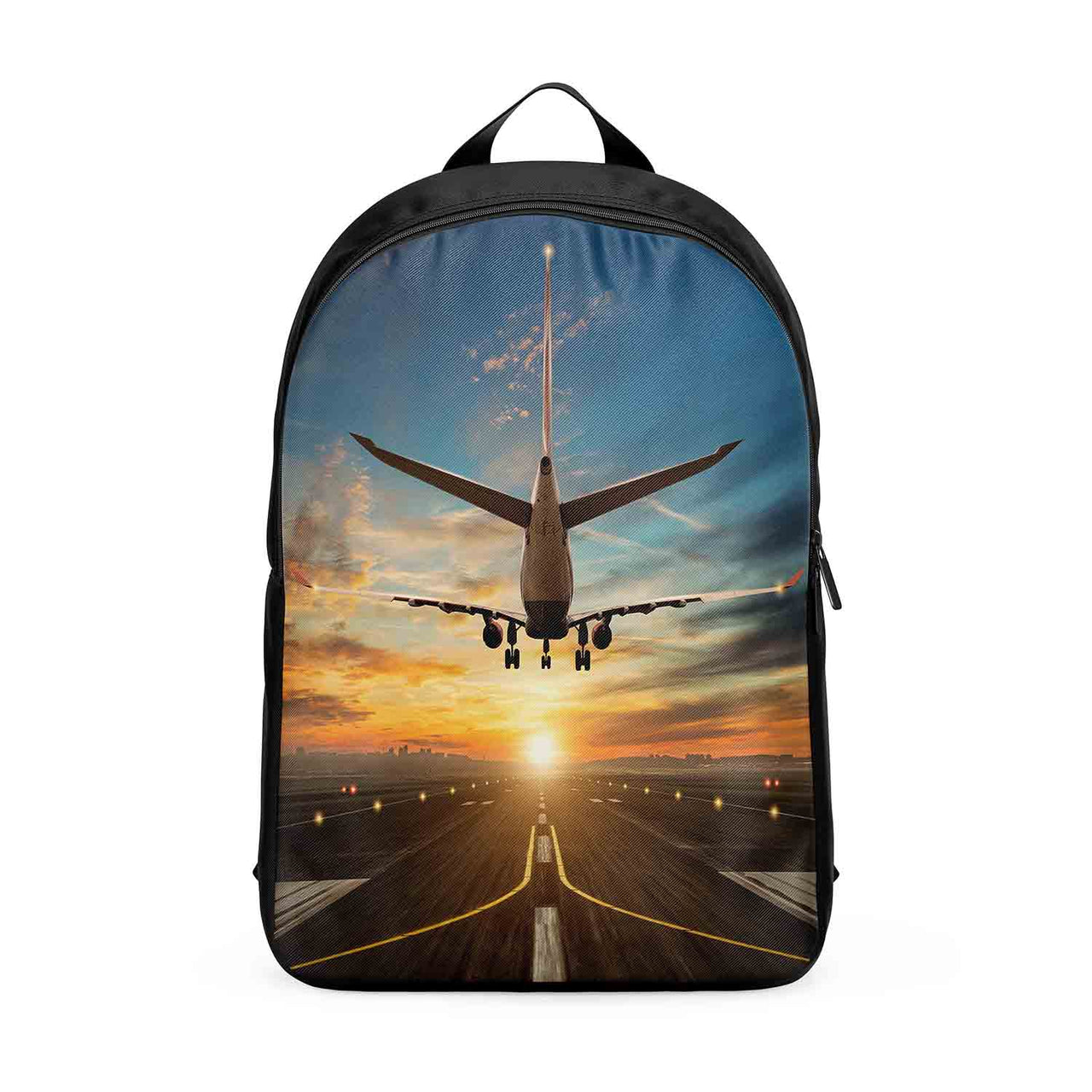 Airplane over Runway Towards the Sunrise Designed Backpacks