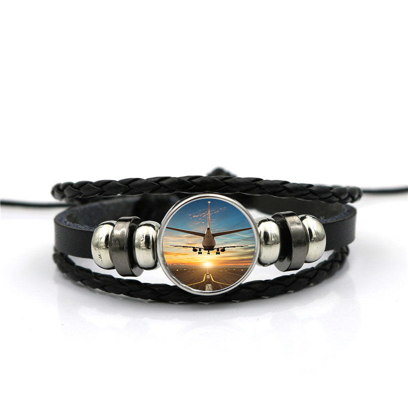 Airplane over Runway Towards the Sunrise Designed Leather Bracelets