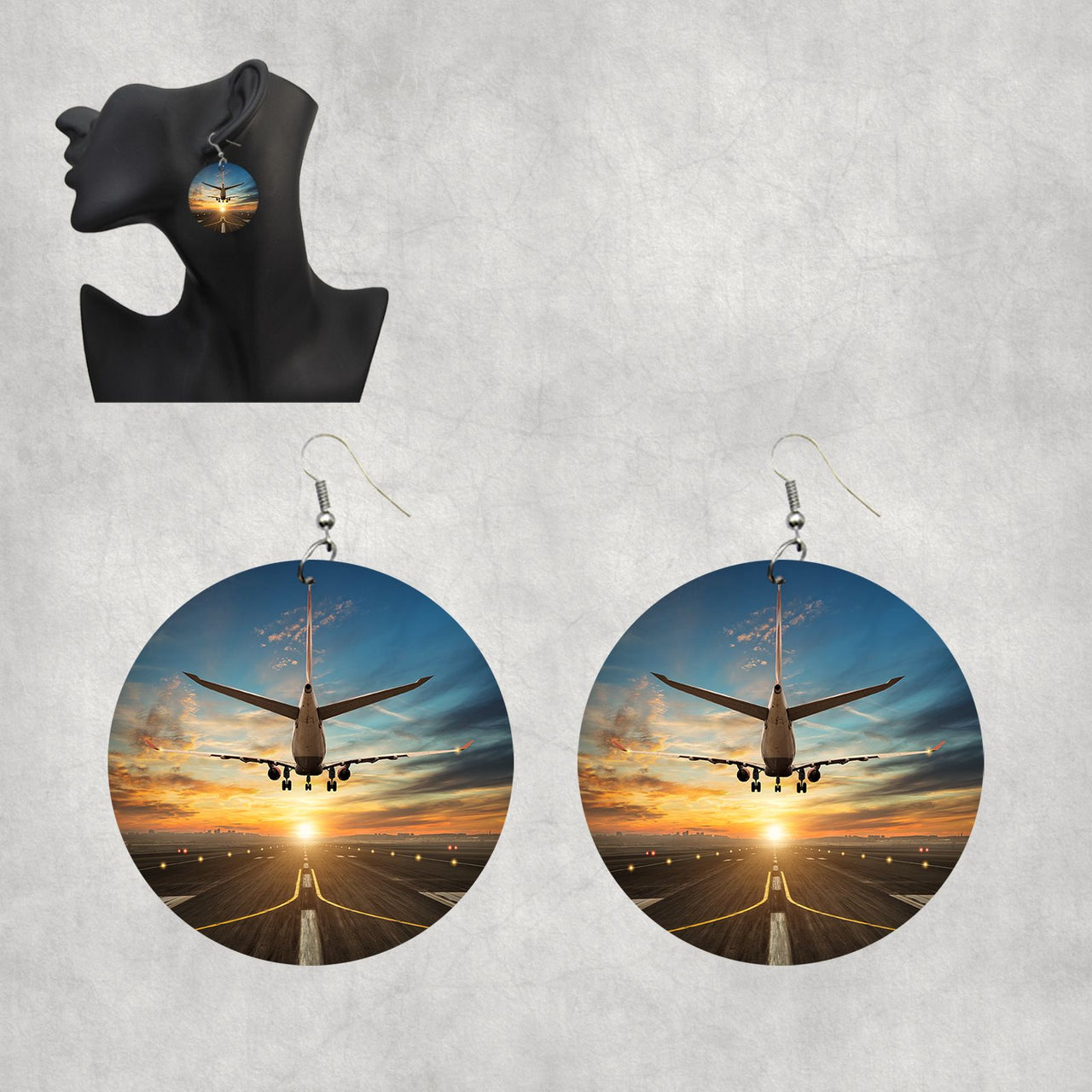 Airplane over Runway Towards the Sunrise Designed Wooden Drop Earrings