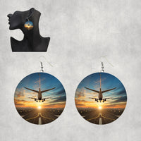 Thumbnail for Airplane over Runway Towards the Sunrise Designed Wooden Drop Earrings