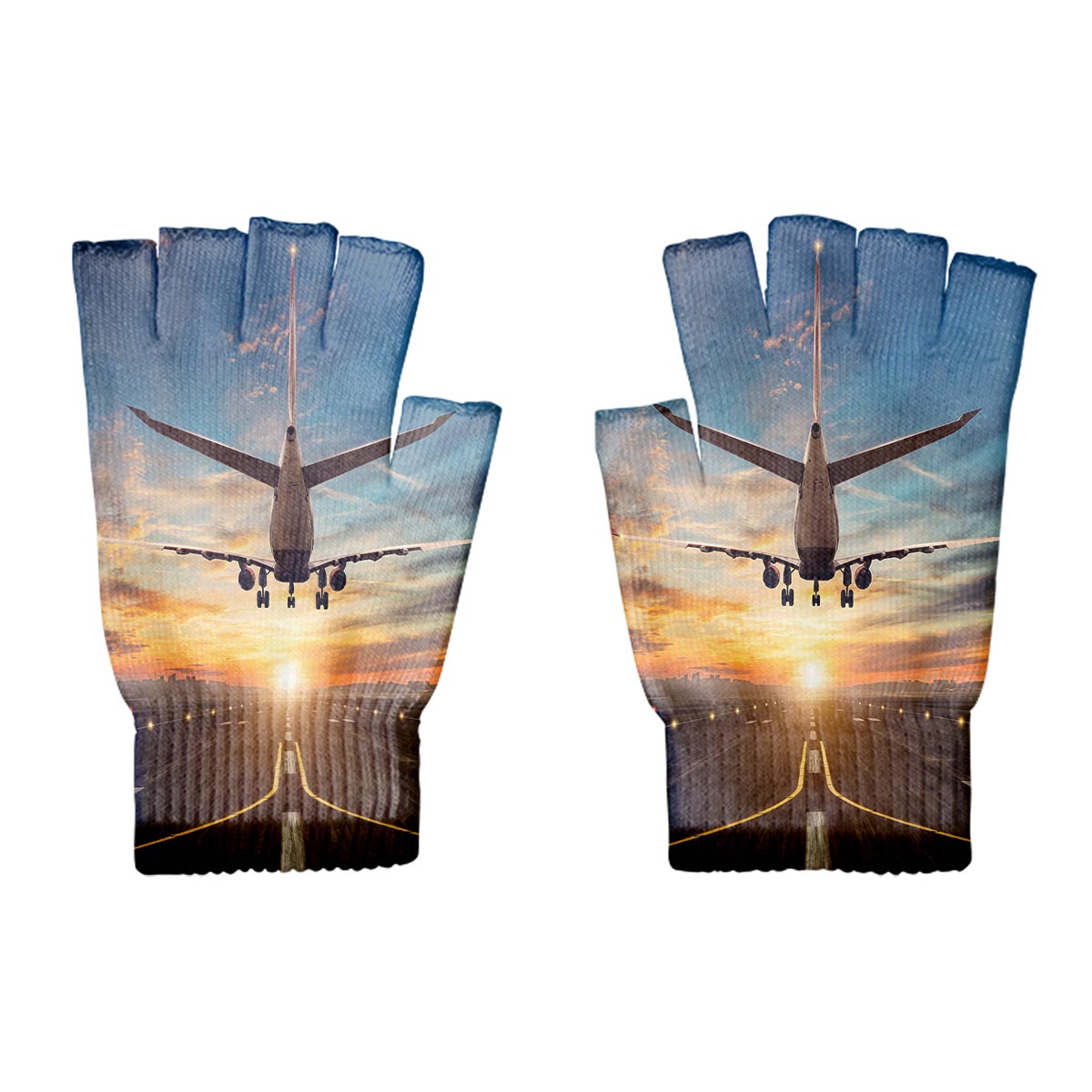 Airplane over Runway Towards the Sunrise Designed Cut Gloves