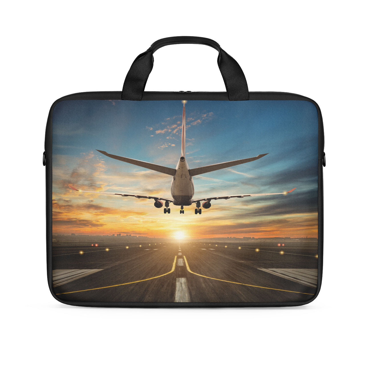 Airplane over Runway Towards the Sunrise Designed Laptop & Tablet Bags