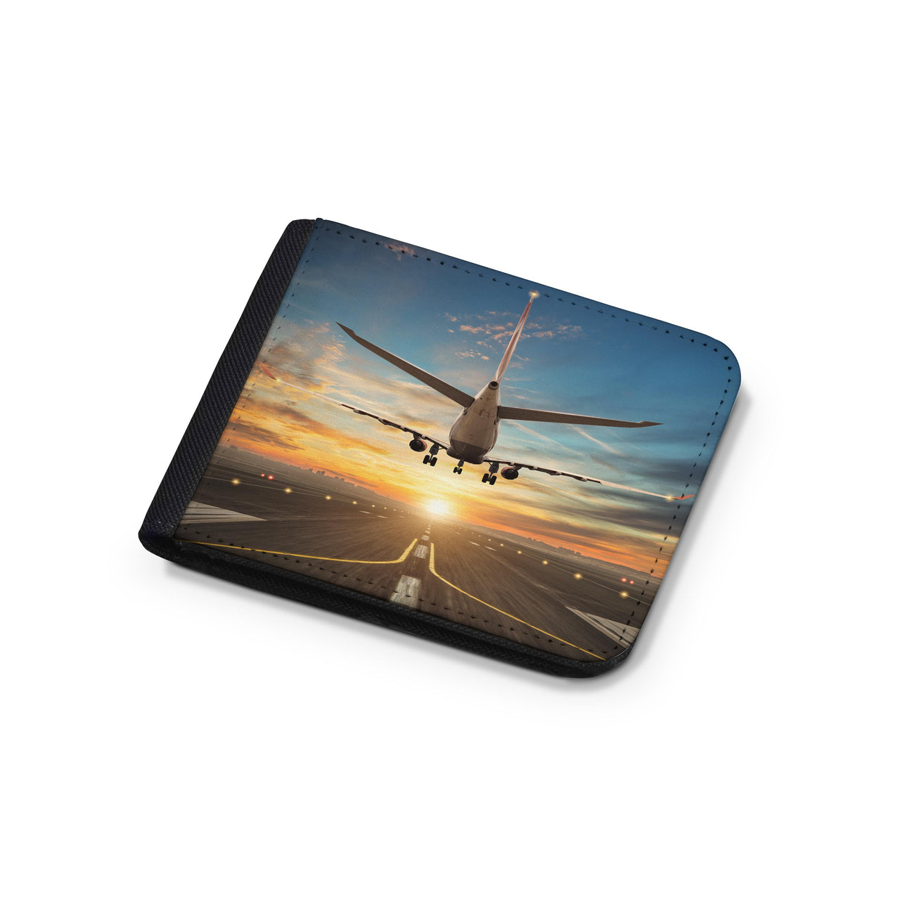 Airplane over Runway Towards the Sunrise Designed Wallets