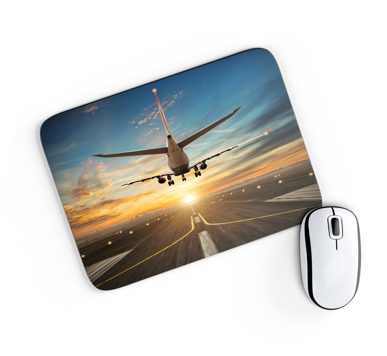 Airplane over Runway Towards the Sunrise Designed Mouse Pads