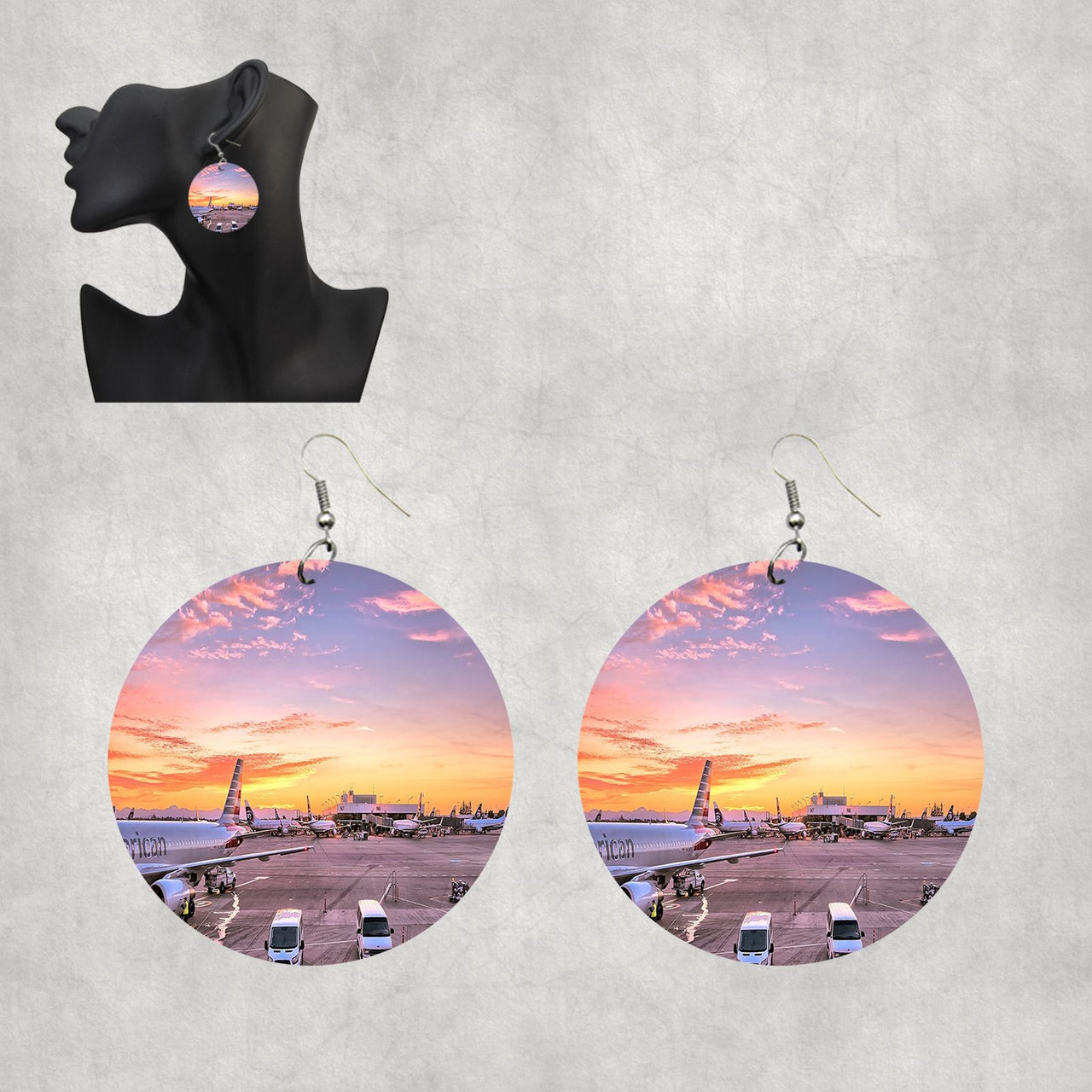 Airport Photo During Sunset Designed Wooden Drop Earrings