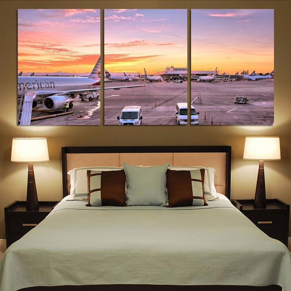 Airport Photo During Sunset Printed Canvas Posters (3 Pieces) Aviation Shop 