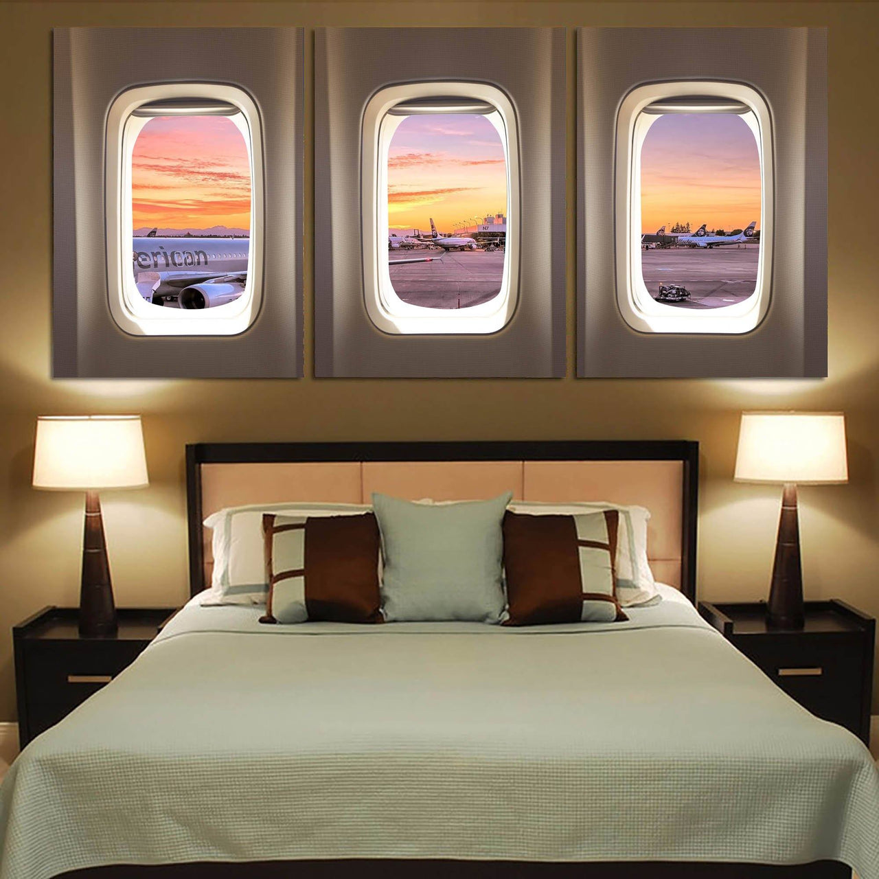 Airport View Through Passanger Windows Printed Canvas Posters (3 Pieces) Aviation Shop 