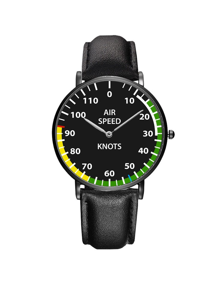 Airplane Instrument Series (Airspeed) Leather Strap Watches Pilot Eyes Store Black & Black Leather Strap 