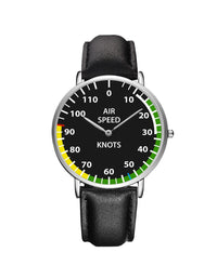 Thumbnail for Airplane Instrument Series (Airspeed) Leather Strap Watches Pilot Eyes Store Silver & Black Leather Strap 