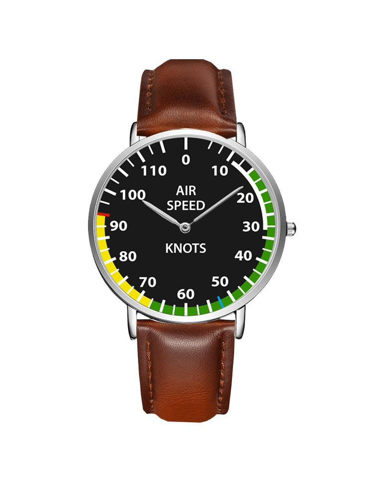 Airplane Instrument Series (Airspeed) Leather Strap Watches Pilot Eyes Store Silver & Brown Leather Strap 