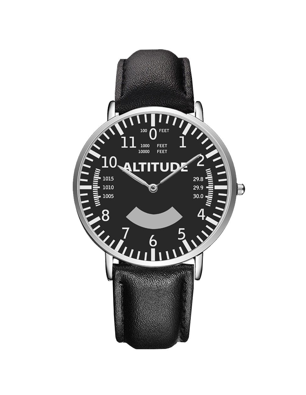 Airplane Instrument Series (Altitude) Leather Strap Watches Pilot Eyes Store Silver & Black Leather Strap 