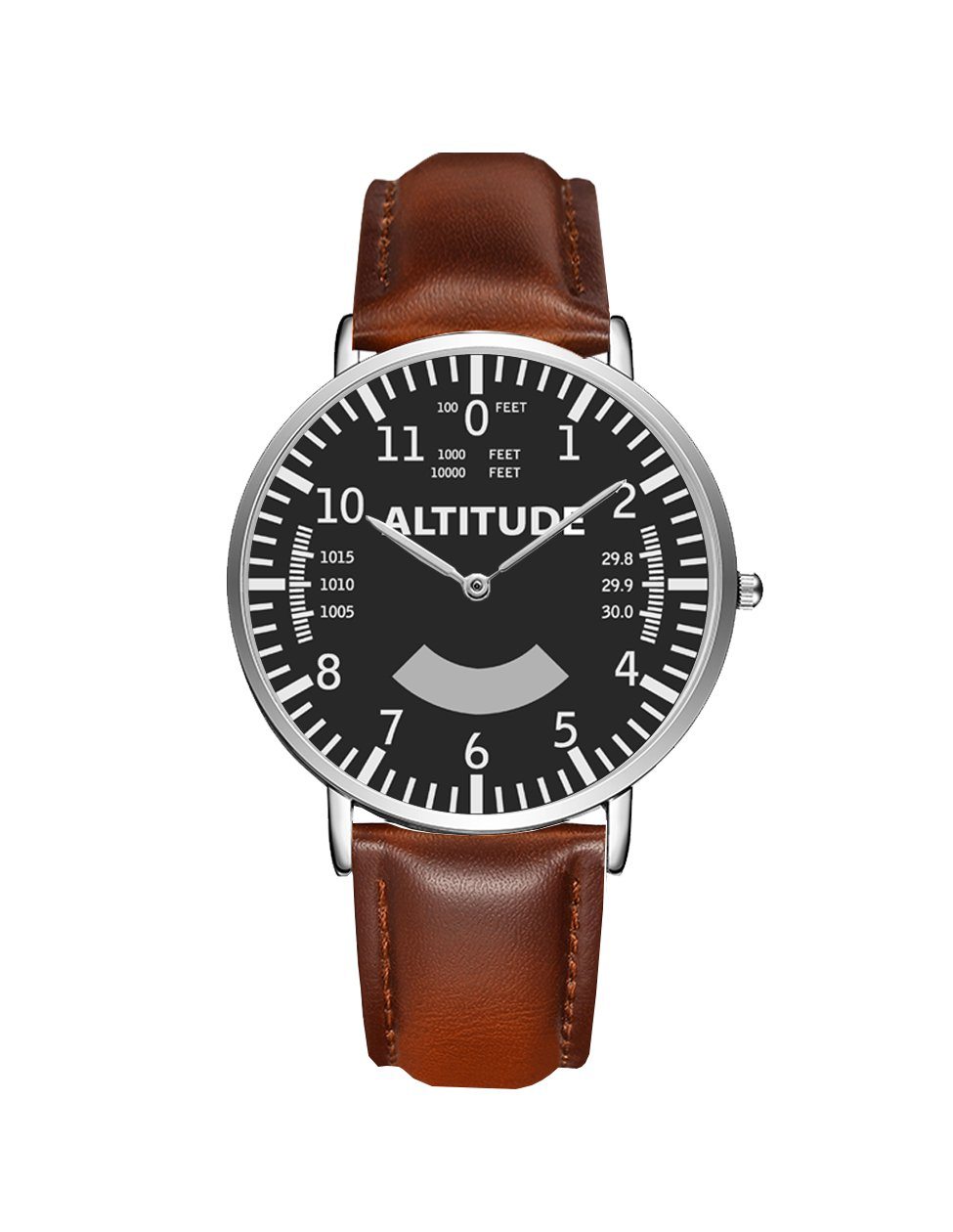 Airplane Instrument Series (Altitude) Leather Strap Watches Pilot Eyes Store Silver & Brown Leather Strap 