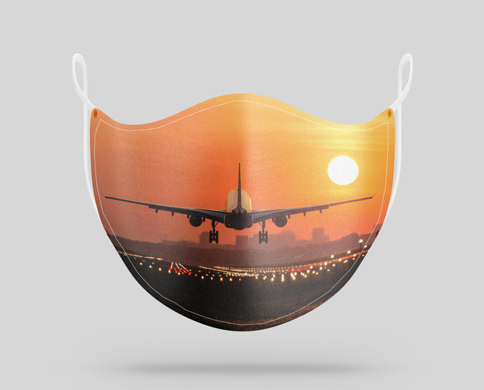 Amazing Airbus A330 Landing at Sunset Designed Face Masks