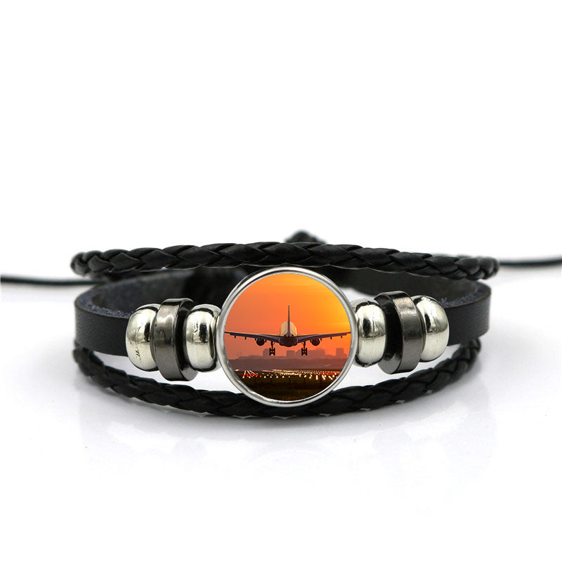 Amazing Airbus A330 Landing at Sunset Designed Leather Bracelets
