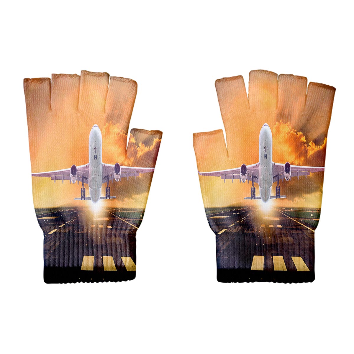 Amazing Departing Aircraft Sunset & Clouds Behind Designed Cut Gloves