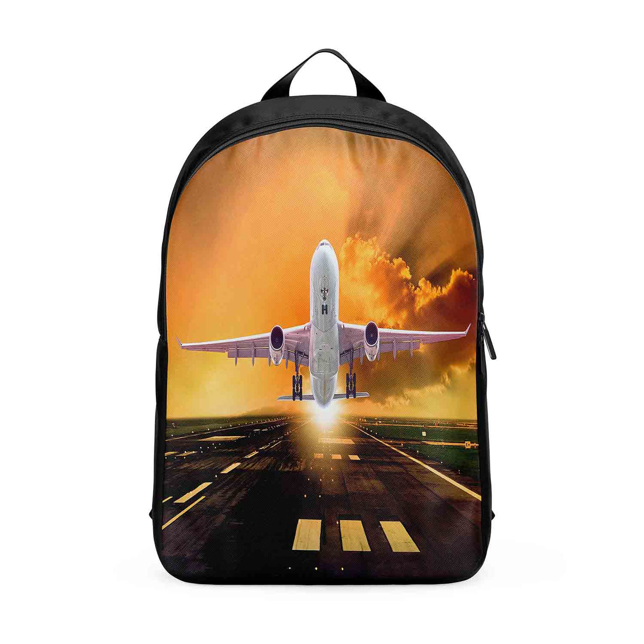 Amazing Departing Aircraft Sunset & Clouds Behind Designed Backpacks