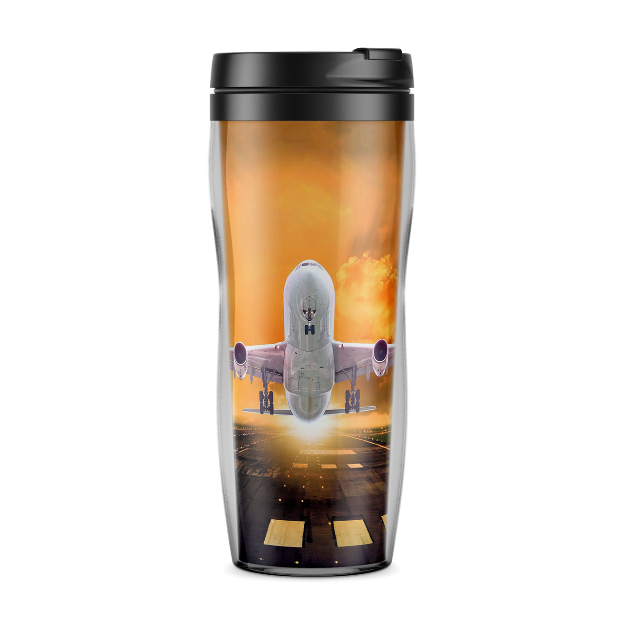 Amazing Departing Aircraft Sunset & Clouds Behind Designed Travel Mugs