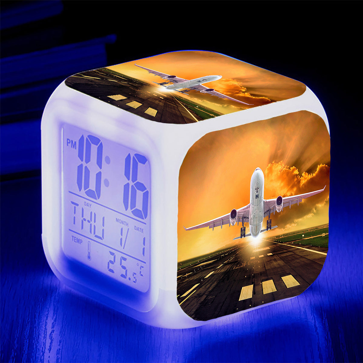 Amazing Departing Aircraft Sunset & Clouds Behind Designed "7 Colour" Digital Alarm Clock