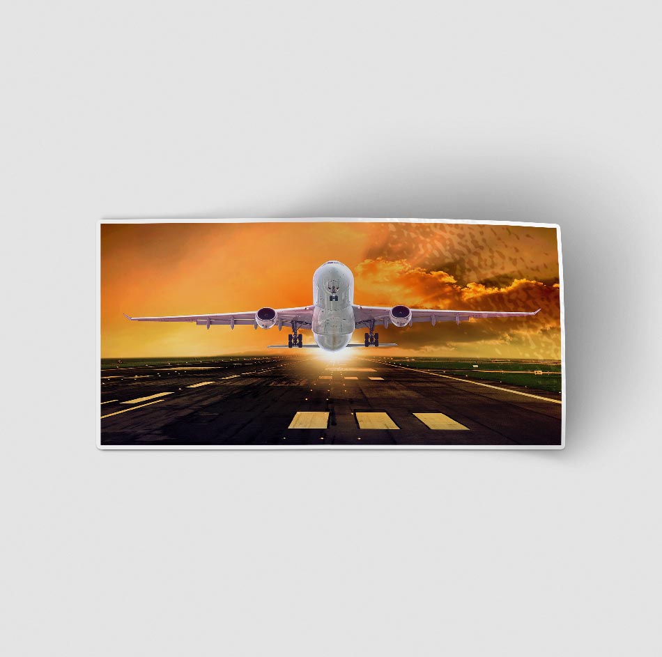 Amazing Departing Aircraft Sunset & Clouds Behind Designed Stickers