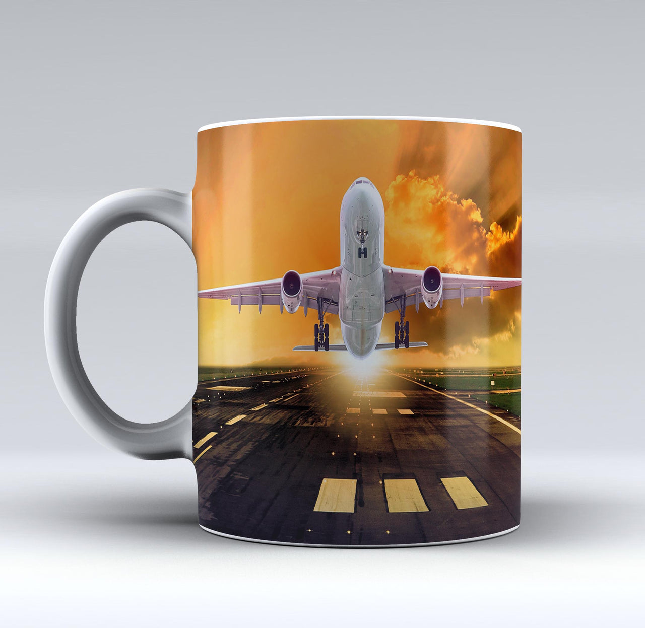 Amazing Departing Aircraft Sunset & Clouds Behind Designed Mugs
