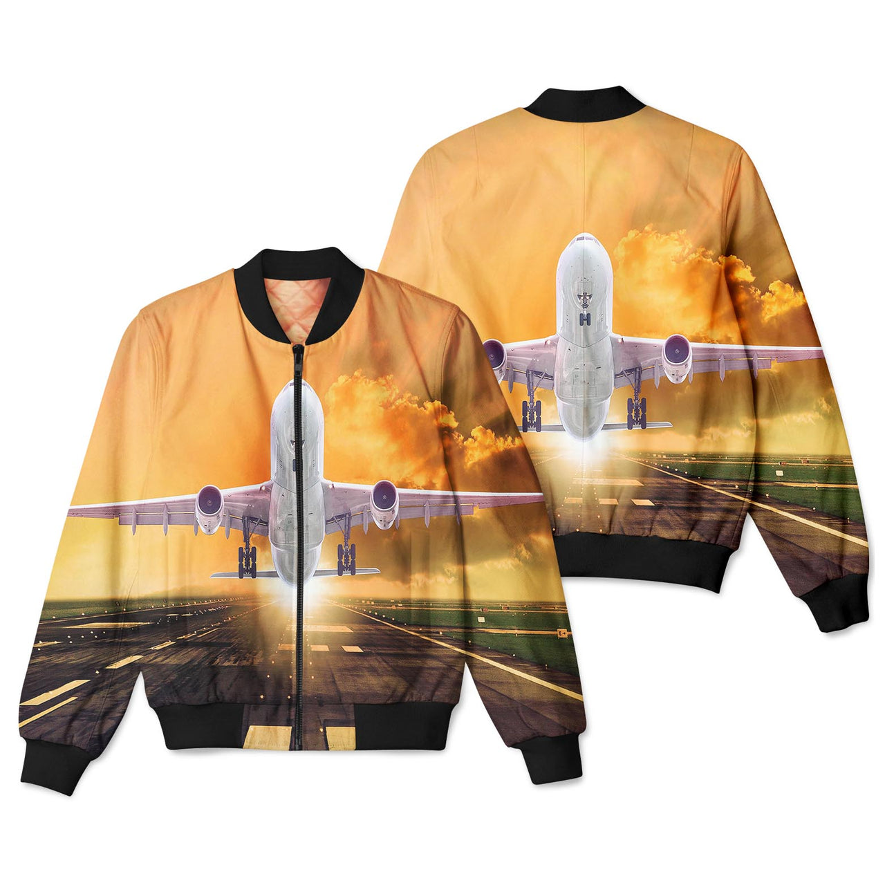 Amazing Departing Aircraft Sunset & Clouds Behind Designed 3D Pilot Bomber Jackets