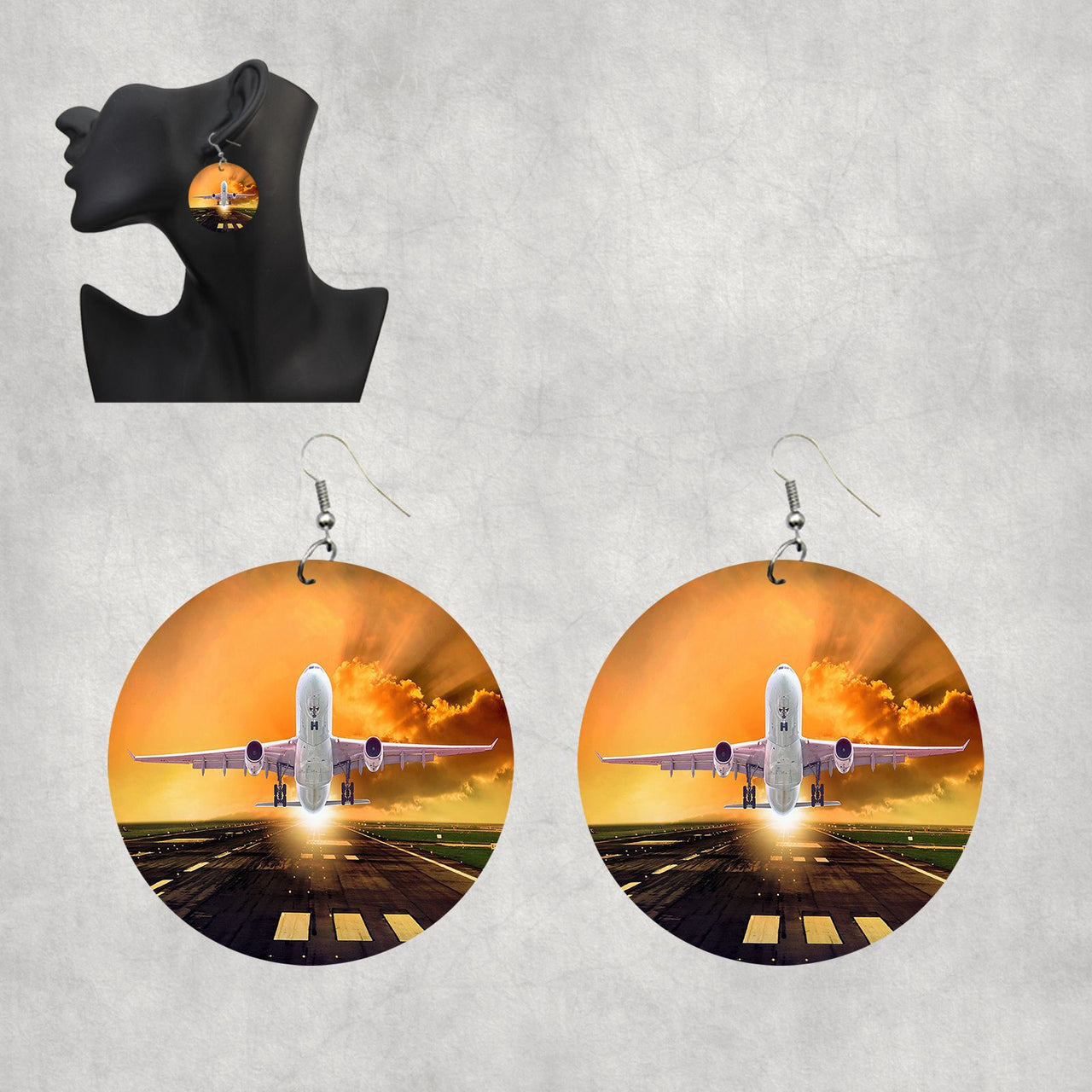 Amazing Departing Aircraft Sunset & Clouds Behind Designed Wooden Drop Earrings