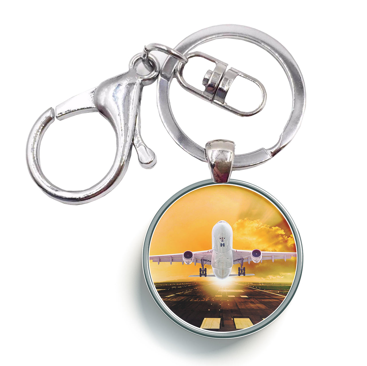 Amazing Departing Aircraft Sunset & Clouds Behind Designed Circle Key Chains