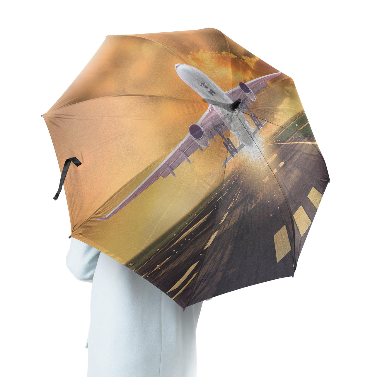 Amazing Departing Aircraft Sunset & Clouds Behind Designed Umbrella
