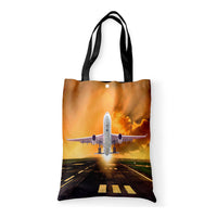 Thumbnail for Amazing Departing Aircraft Sunset & Clouds Behind Designed Tote Bags