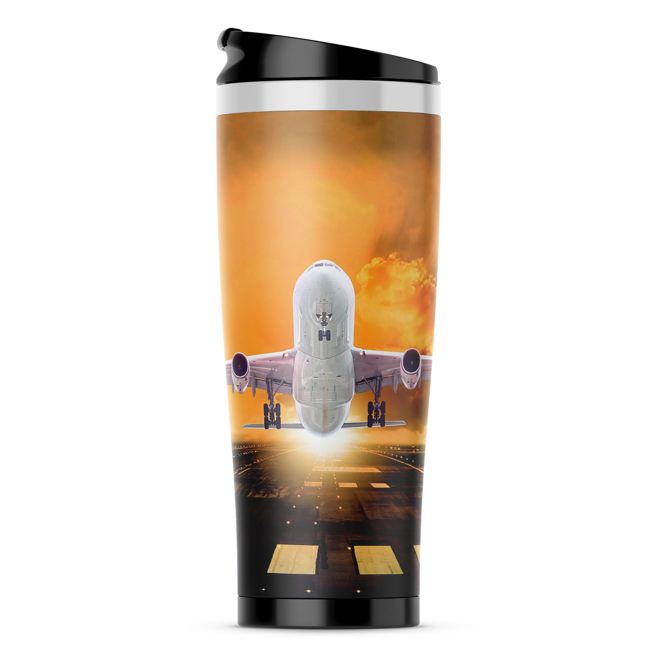 Amazing Departing Aircraft Sunset & Clouds Behind Designed Travel Mugs