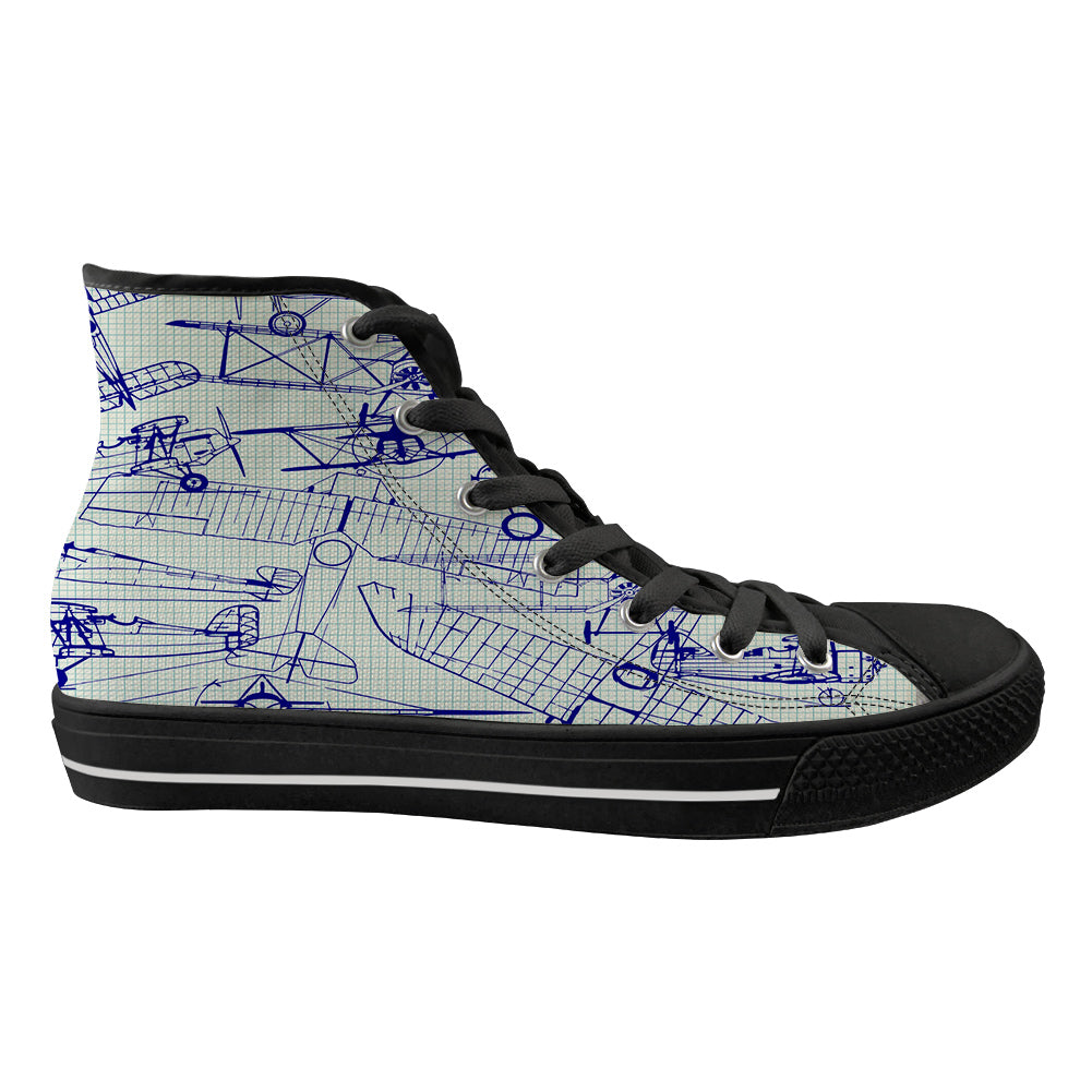 Amazing Drawings of Old Aircrafts Designed Long Canvas Shoes (Women)