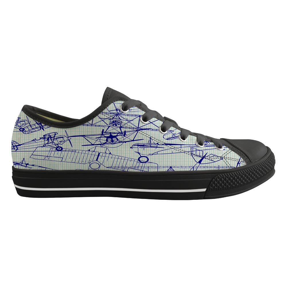 Amazing Drawings of Old Aircrafts Designed Canvas Shoes (Women)