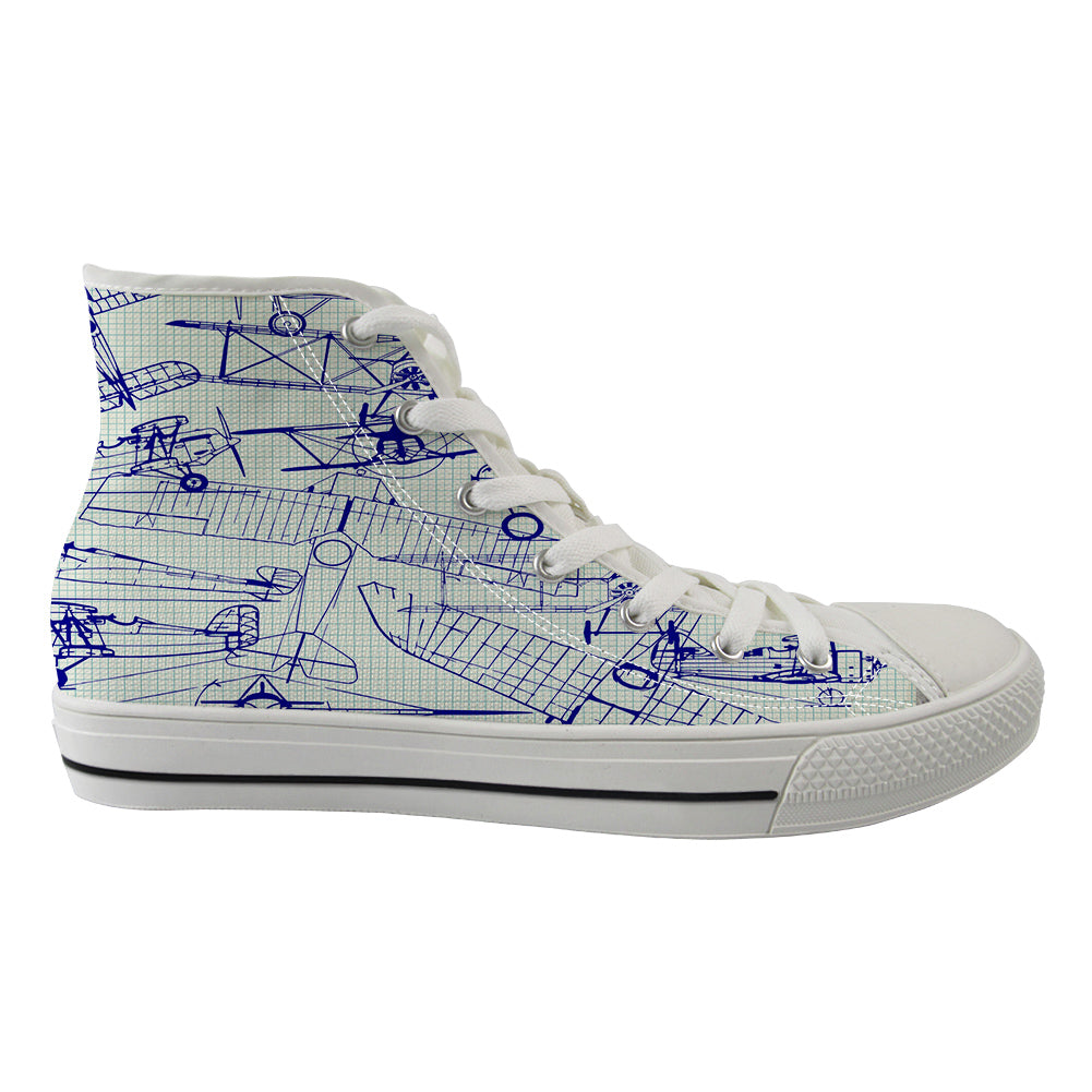 Amazing Drawings of Old Aircrafts Designed Long Canvas Shoes (Women)