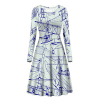 Thumbnail for Amazing Drawings of Old Aircrafts Designed Long Sleeve Women Midi Dress