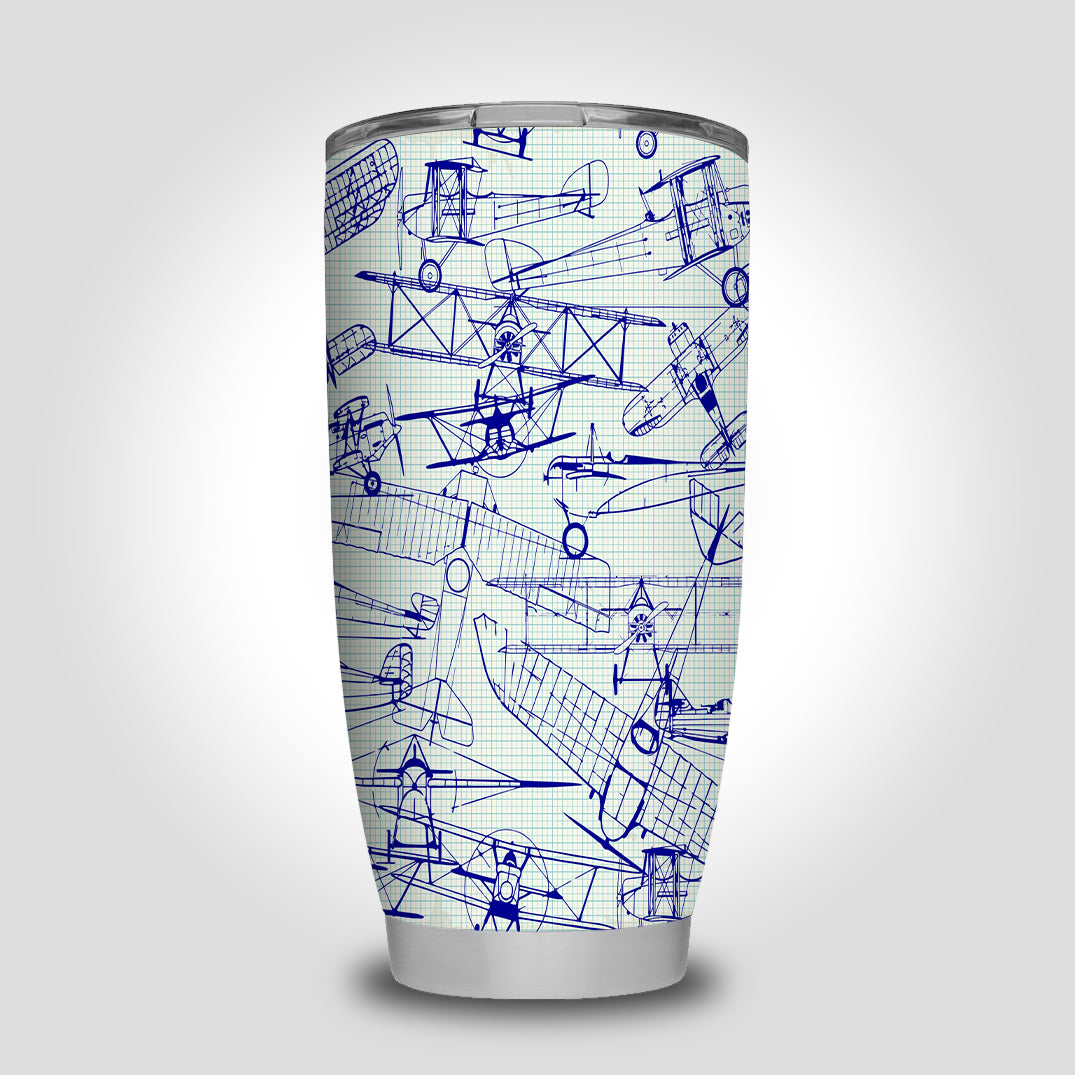 Amazing Drawings of Old Aircrafts Designed Tumbler Travel Mugs