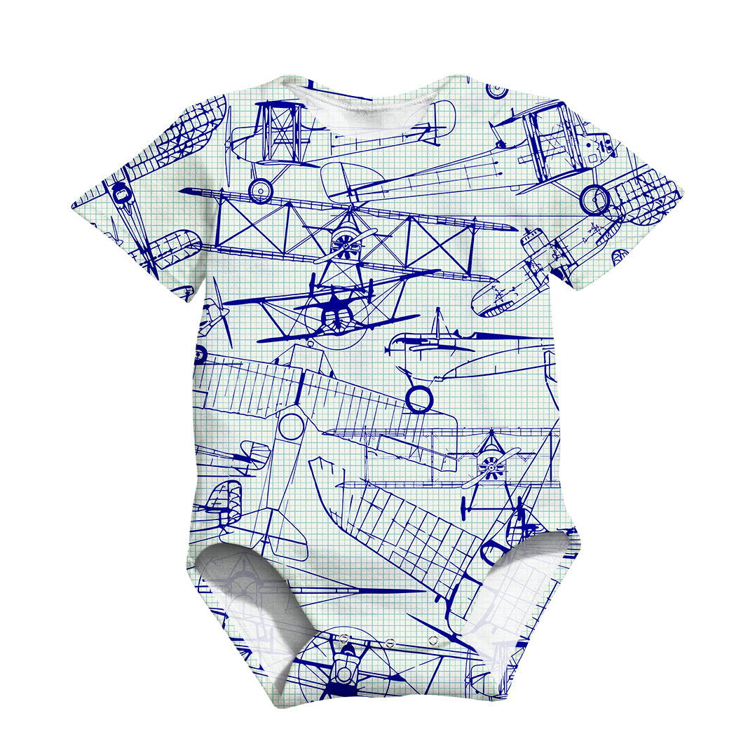 Amazing Drawings of Old Aircrafts Designed 3D Baby Bodysuits