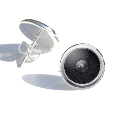 Amazing Graphical Style Engine aviation-themed stud earrings, polished stainless steel.