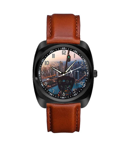 Amazing City View from Helicopter Cockpit aviation luxury watch, stainless steel body with engraved detail.