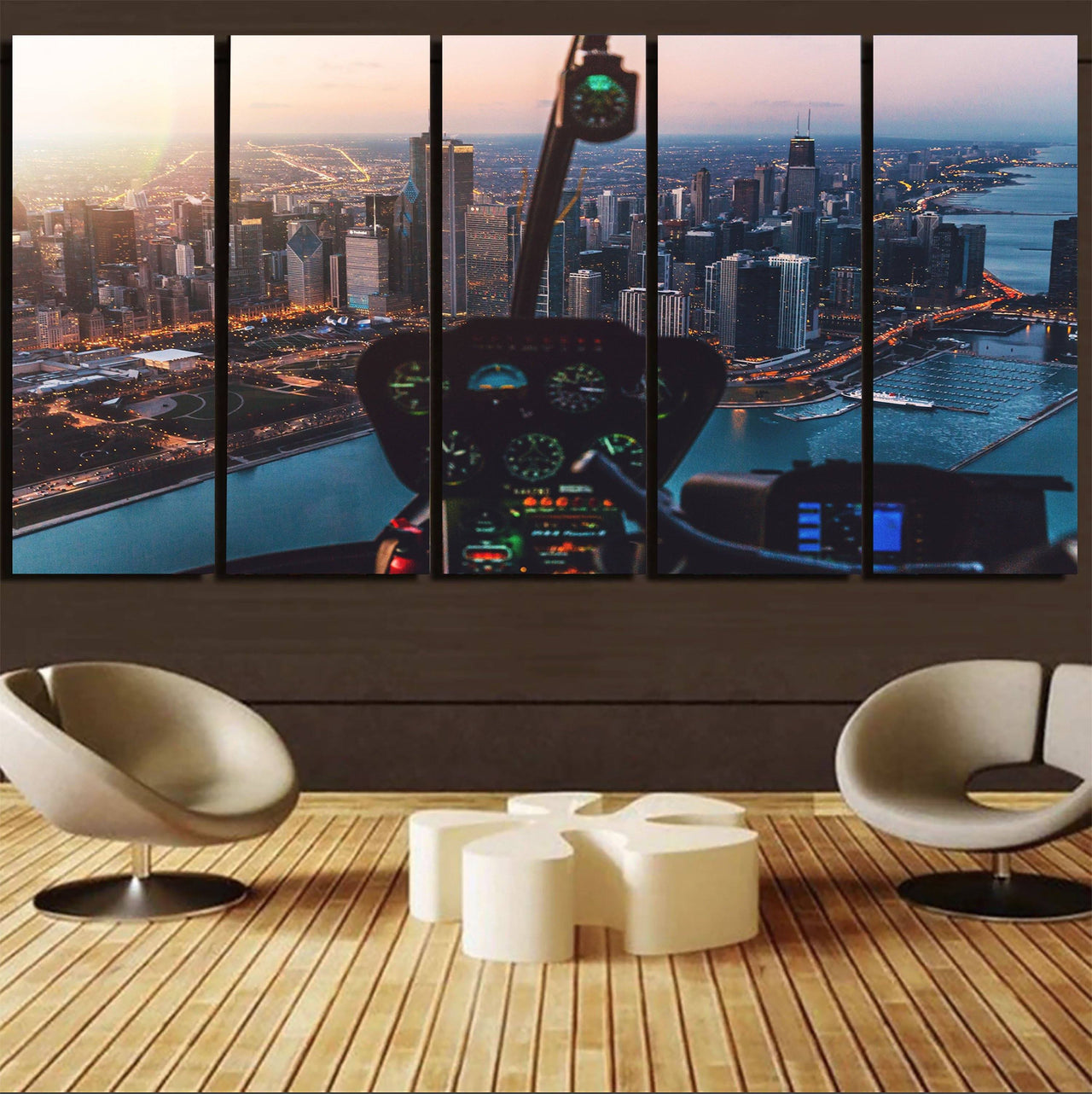 Amazing City View from Helicopter Cockpit Printed Canvas Prints (5 Pieces) Aviation Shop 