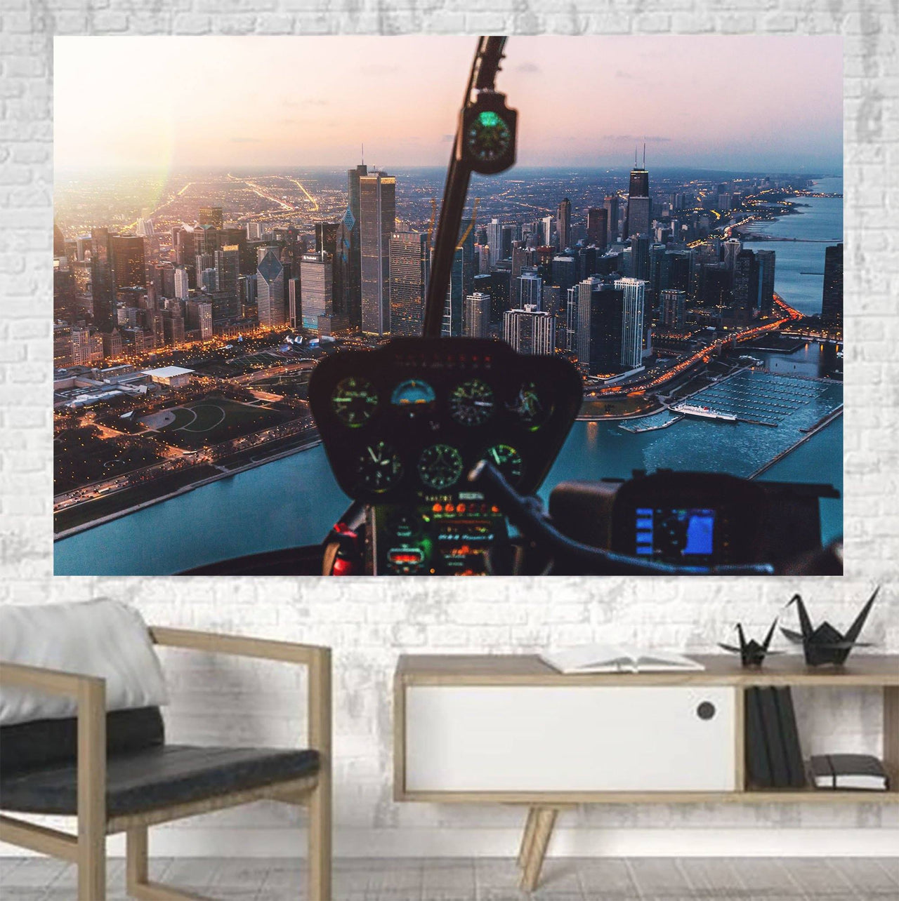 Amazing City View from Helicopter Cockpit Printed Canvas Posters (1 Piece) Aviation Shop 