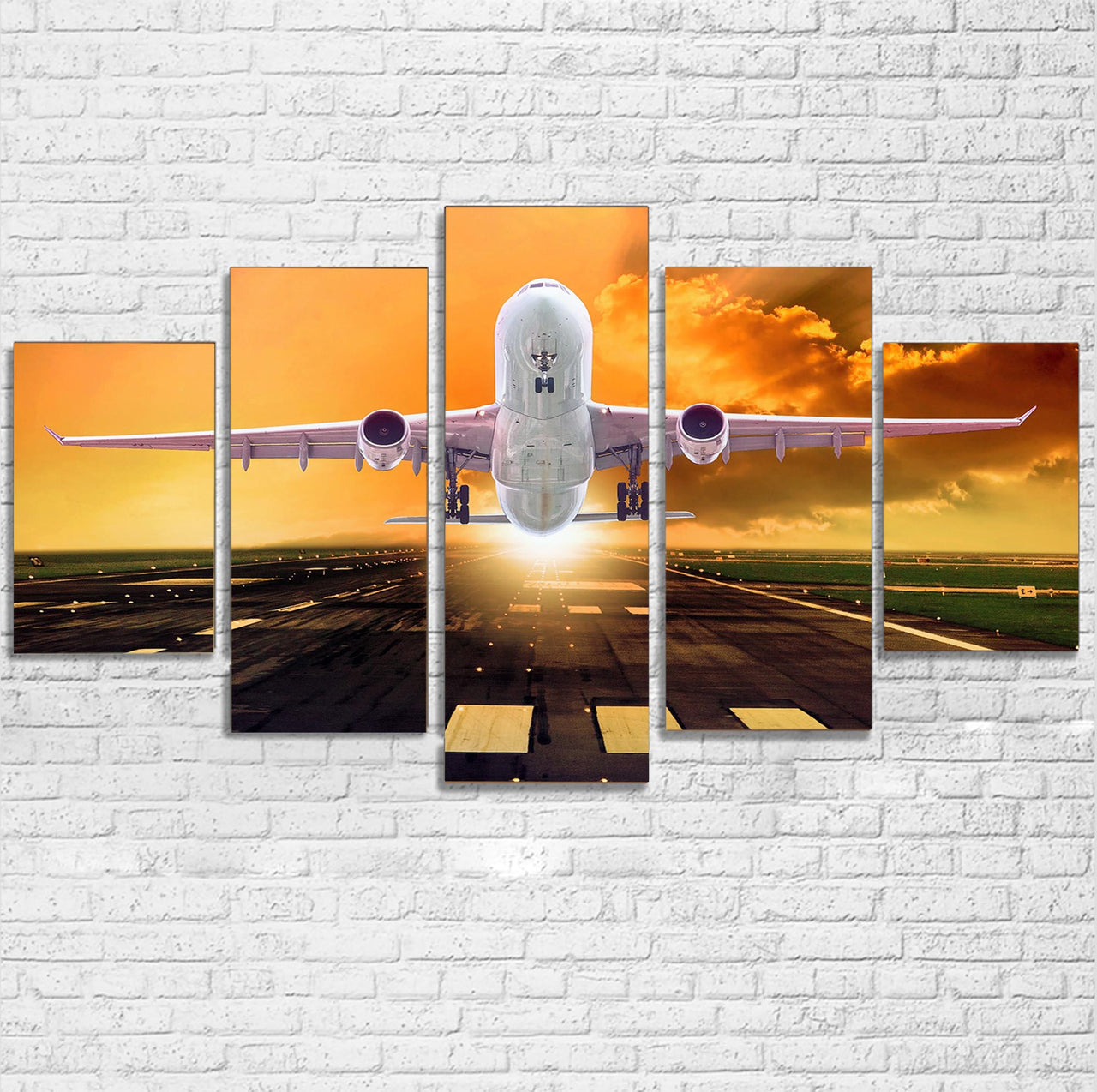 Amazing Departing Aircraft Sunset & Clouds Behind Printed Multiple Canvas Poster