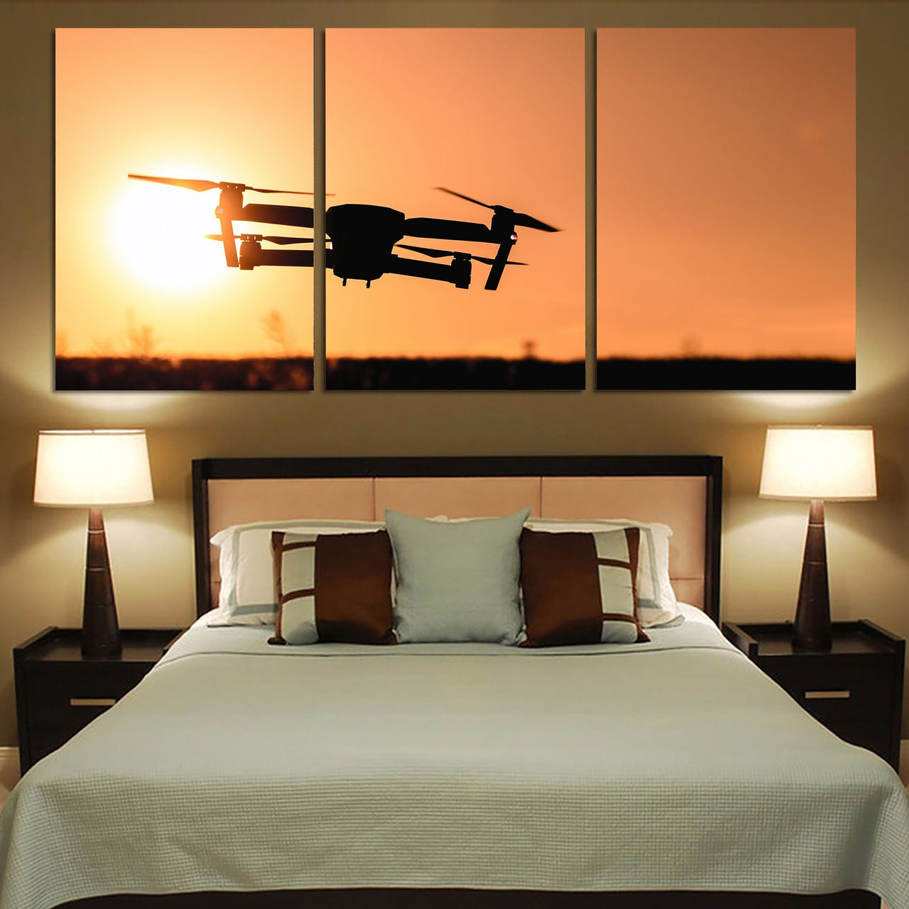 Amazing Drone in Sunset Printed Canvas Posters (3 Pieces) Aviation Shop 