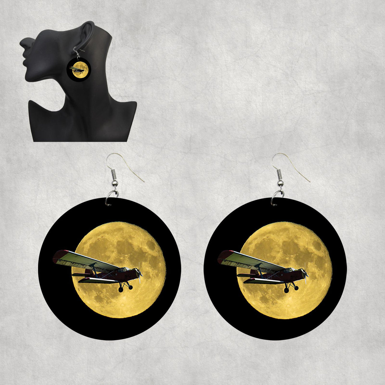 Antonov-2 With Moon Designed Wooden Drop Earrings