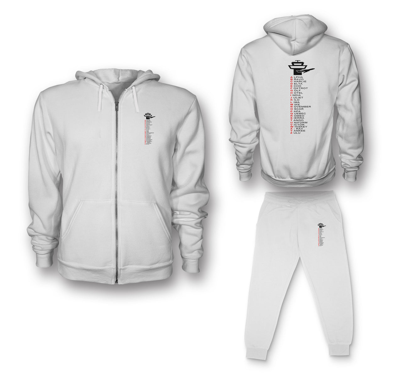 Aviation Alphabet Designed Zipped Hoodies & Sweatpants Set