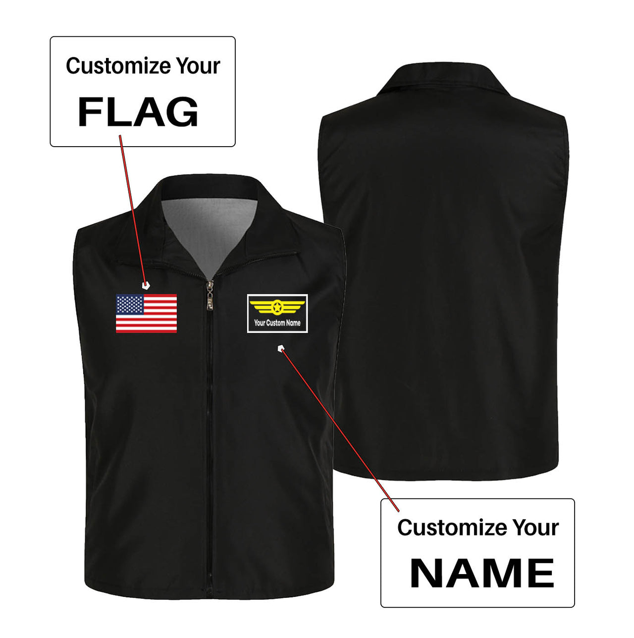 Custom Flag & Name with "Badge 1" Designed Thin Style Vests