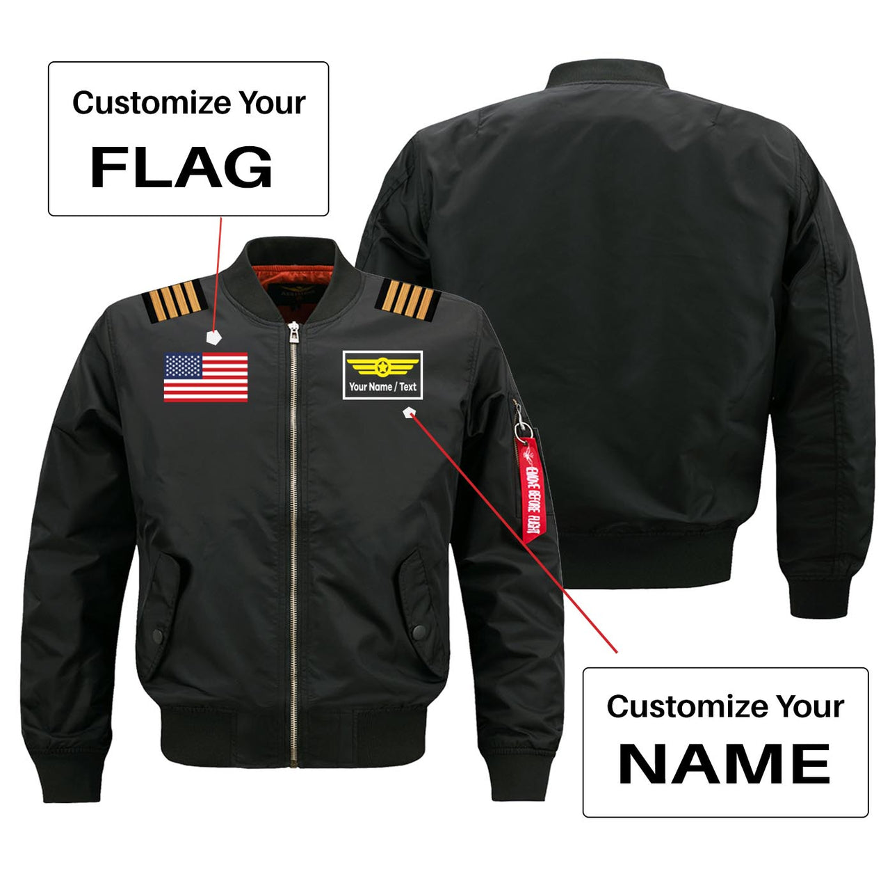 Custom Flag & Name with EPAULETTES (Badge 1) Designed Pilot Jackets